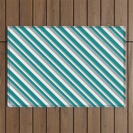 [ Thumbnail: Dark Grey, Mint Cream, and Dark Cyan Colored Lined Pattern Outdoor Rug ]