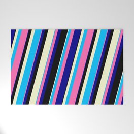 [ Thumbnail: Vibrant Deep Sky Blue, Hot Pink, Dark Blue, Black, and Light Yellow Colored Lines/Stripes Pattern Welcome Mat ]