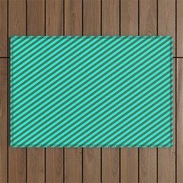 [ Thumbnail: Dark Olive Green & Cyan Colored Pattern of Stripes Outdoor Rug ]
