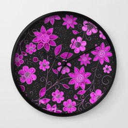 Vintage Japanese Pink Floral Paper Pattern On Black Wall Clock