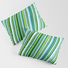 [ Thumbnail: Light Sky Blue, Teal, Green, Dark Green, and Mint Cream Colored Striped Pattern Pillow Sham ]
