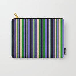 [ Thumbnail: Eyecatching Medium Slate Blue, Green, Beige, Dark Slate Blue, and Black Colored Stripes Pattern Carry-All Pouch ]