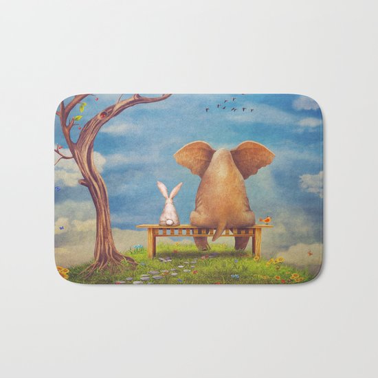 Elephant and rabbit sit on a bench on the glade Bath Mat