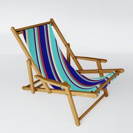 [ Thumbnail: Tan, Turquoise, Red & Blue Colored Lined Pattern Sling Chair ]