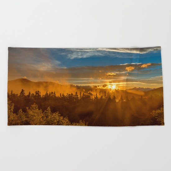 Misty Gold Mountain Sunset Beach Towel
