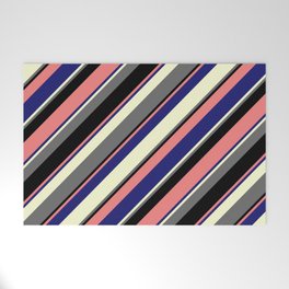 [ Thumbnail: Eye-catching Light Coral, Midnight Blue, Light Yellow, Dim Grey, and Black Colored Striped Pattern Welcome Mat ]