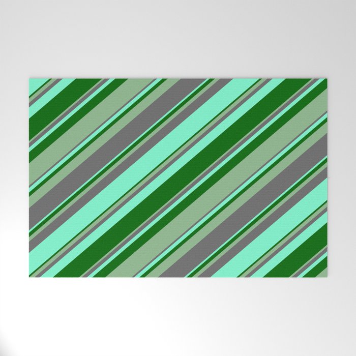 Dim Gray, Aquamarine, Dark Green, and Dark Sea Green Colored Lines/Stripes Pattern Welcome Mat