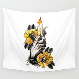 Hand holding CANDLE - tattoo Wall Tapestry