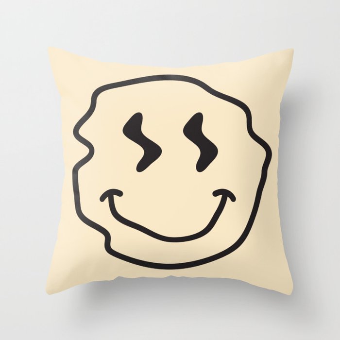 Wonky Smiley Face - Black and Cream Throw Pillow