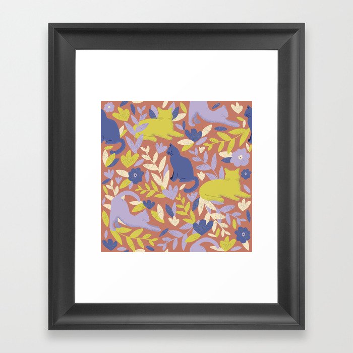 Leafy Cat Pattern Framed Art Print