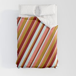 [ Thumbnail: Dark Red, Light Cyan, Salmon, and Dark Goldenrod Colored Lined Pattern Duvet Cover ]