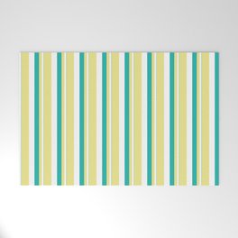 [ Thumbnail: Light Sea Green, White, and Tan Colored Stripes/Lines Pattern Welcome Mat ]