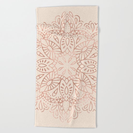 Mandala Rose Gold Pink Shimmer on Light Cream Beach Towel