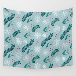 Christmas Pattern Turquoise Floral Pine Mistletoe Wall Tapestry