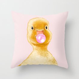 Yellow Duckling Playing Bubble Gum Throw Pillow