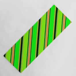 [ Thumbnail: Lime, Coral, Green, and Black Colored Lined Pattern Yoga Mat ]
