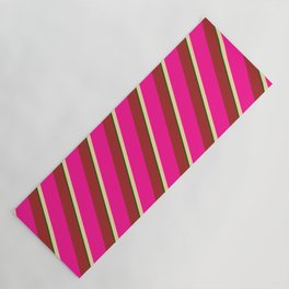 [ Thumbnail: Tan, Deep Pink, Brown & Dark Green Colored Stripes/Lines Pattern Yoga Mat ]