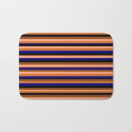 [ Thumbnail: Eyecatching Light Salmon, Chocolate, Blue, Black & Brown Colored Stripes/Lines Pattern Bath Mat ]