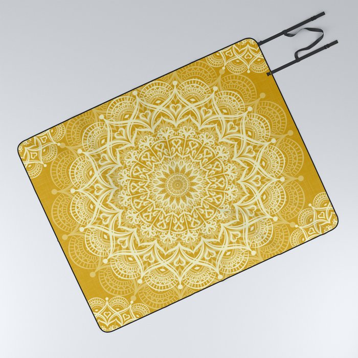 Boho Golden Yellow Mandala Picnic Blanket