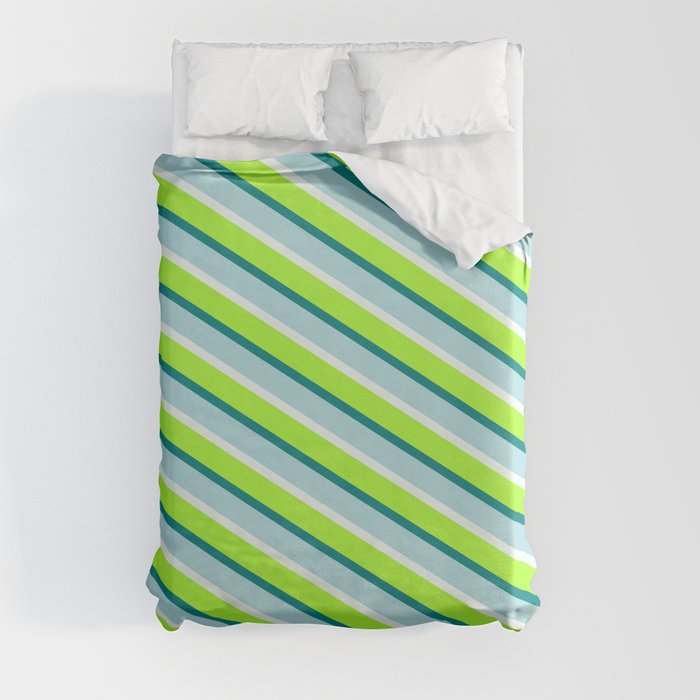 Light Green, Teal, Powder Blue & Mint Cream Colored Stripes/Lines Pattern Duvet Cover