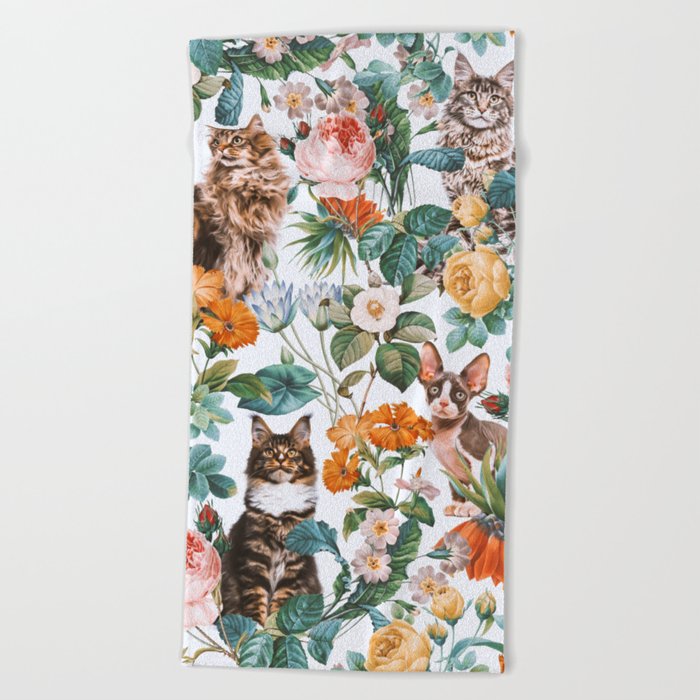 Cat and Floral Pattern III Beach Towel