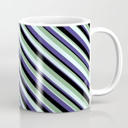 [ Thumbnail: Dark Sea Green, Light Cyan, Dark Slate Blue, and Black Colored Pattern of Stripes Coffee Mug ]