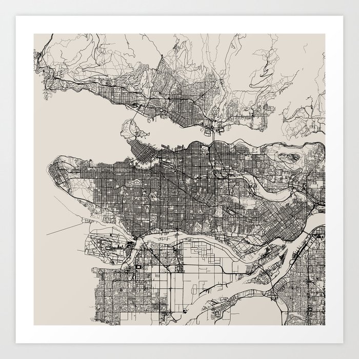 Vancouver, Canada - Black and White City Map - Aesthetic Art Print