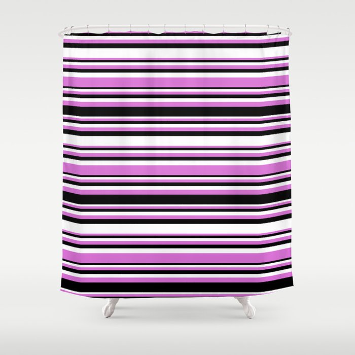 Orchid, Black, and White Colored Striped/Lined Pattern Shower Curtain