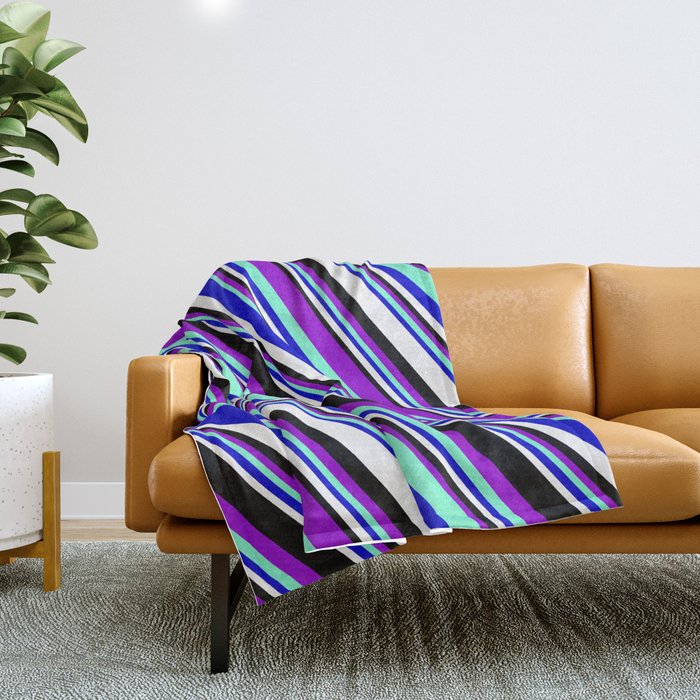 Vibrant Dark Violet, Aquamarine, Blue, White, and Black Colored Striped/Lined Pattern Throw Blanket