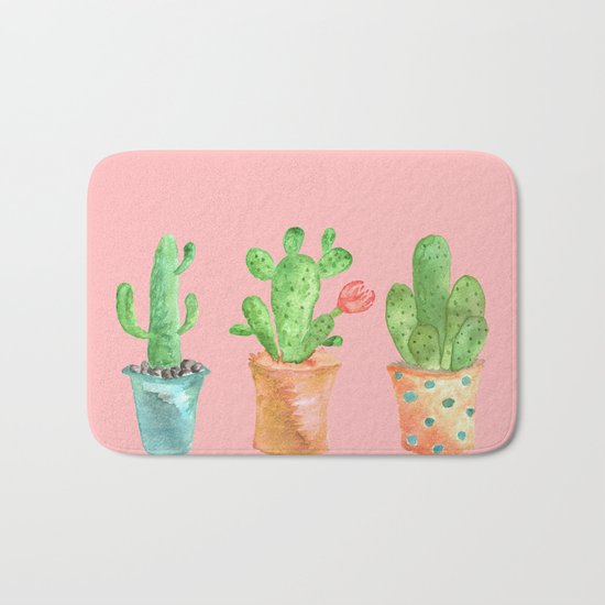 Three Green Cacti On Pink Background Bath Mat