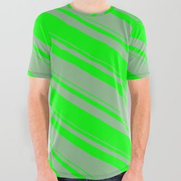 [ Thumbnail: Dark Sea Green & Lime Colored Lines/Stripes Pattern All Over Graphic Tee ]