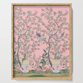 Chinoiserie Pink Fresco Floral Garden Birds Oriental Botanical Serving Tray