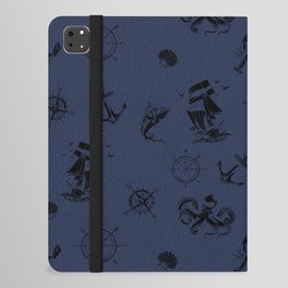 Navy Blue And Black Silhouettes Of Vintage Nautical Pattern iPad Folio Case