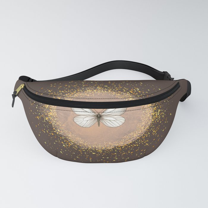 Hand-Drawn Butterfly and Gold Circle Frame on Dark Brown Fanny Pack