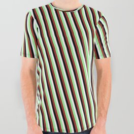 [ Thumbnail: Green, Brown, Black & White Colored Stripes Pattern All Over Graphic Tee ]