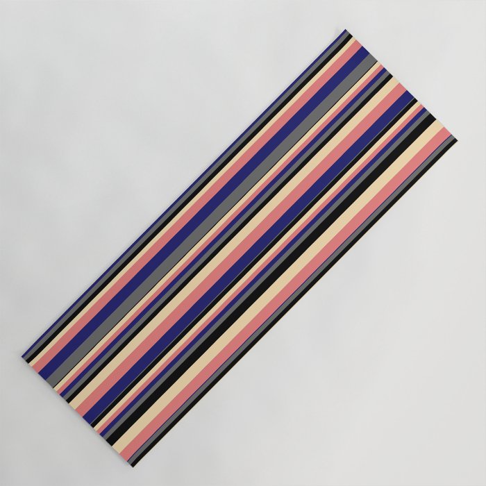 Vibrant Beige, Light Coral, Midnight Blue, Dim Gray, and Black Colored Pattern of Stripes Yoga Mat