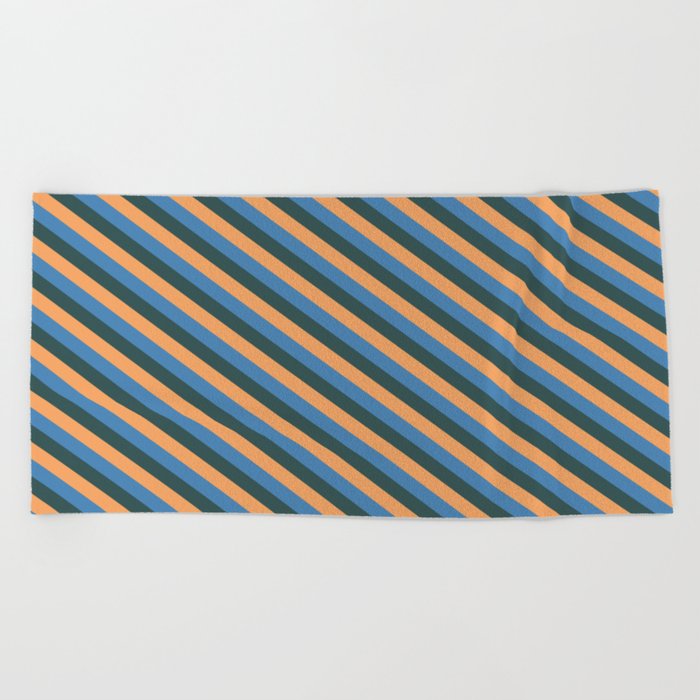 Blue, Dark Slate Gray, and Brown Colored Lined Pattern Beach Towel
