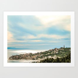 European Sunset | Colorful Costal Clouds Skyline Charming Ocean Town Baby Blue Yellow Tones Art Print | Best Travel Pictures, Unusual Wall Ideas, Bathroom Bed Living, Trendy Decor Vibes, Boho Bohemian Look, Lake Como Italy, Aesthetic Of Country, Beautiful Adventure, Amalfi Coast Beach, College Dorm Room 