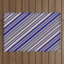 [ Thumbnail: Dark Blue, Tan, and Grey Colored Striped Pattern Outdoor Rug ]