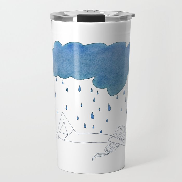 Natula In The Rain · girl laying peacefully beneath a blue storm cloud · illustration Travel Mug