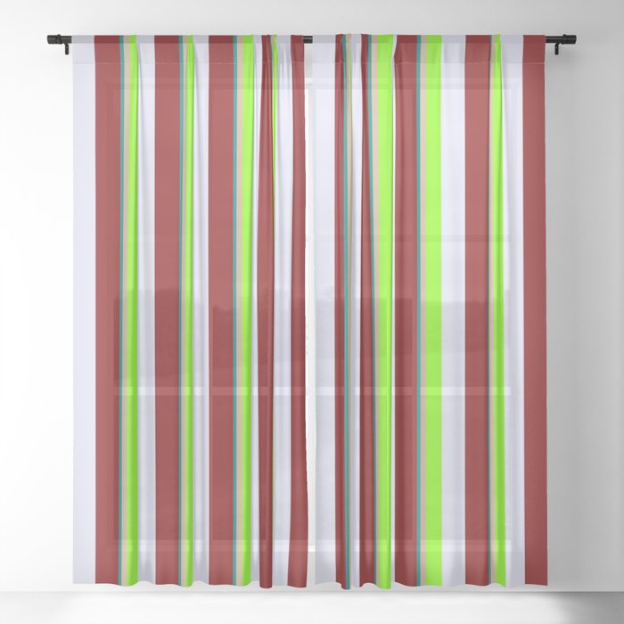 Vibrant Teal, Tan, Chartreuse, Lavender & Maroon Colored Striped/Lined Pattern Sheer Curtain