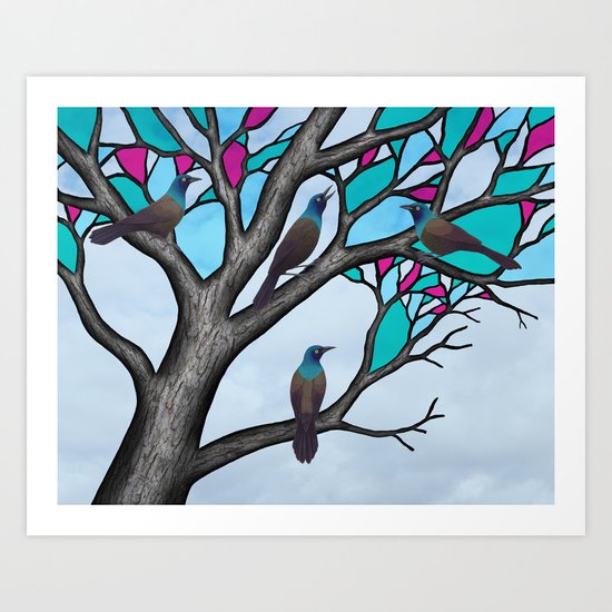 grackles in the stained glass tree Art Print