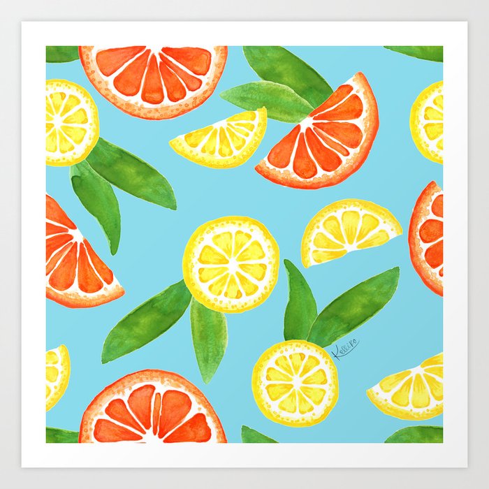 Summer Citrus and Leaves - Blue Art Print