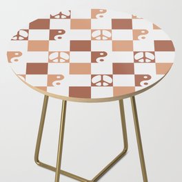 Checkered Peace Symbol & Yin Yang Pattern \\ Brown Multicolor Side Table