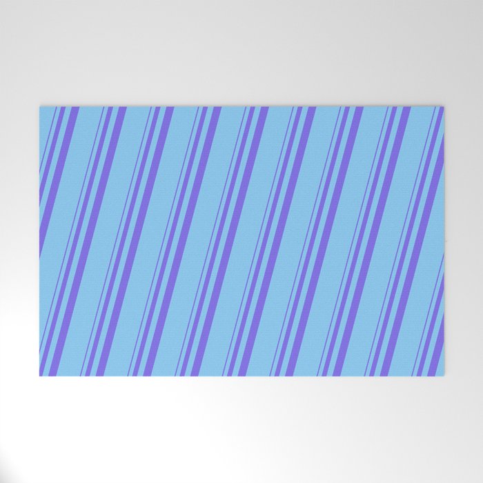 Medium Slate Blue & Light Sky Blue Colored Stripes Pattern Welcome Mat