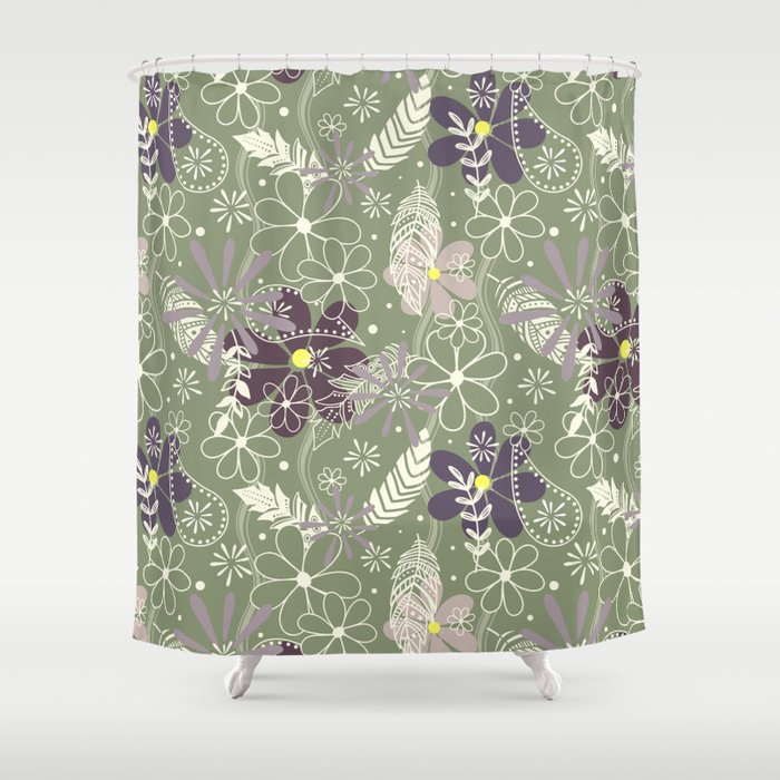 Plum Purple Sage Doodle Feathers And, Purple And Sage Green Shower Curtain