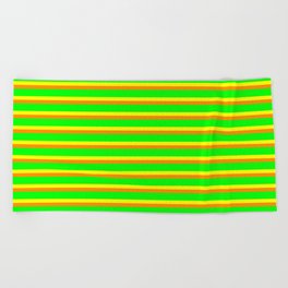 [ Thumbnail: Yellow, Dark Orange, and Lime Colored Lined/Striped Pattern Beach Towel ]