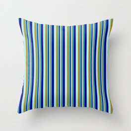 [ Thumbnail: Deep Sky Blue, Dark Goldenrod, Turquoise & Dark Blue Colored Striped/Lined Pattern Throw Pillow ]