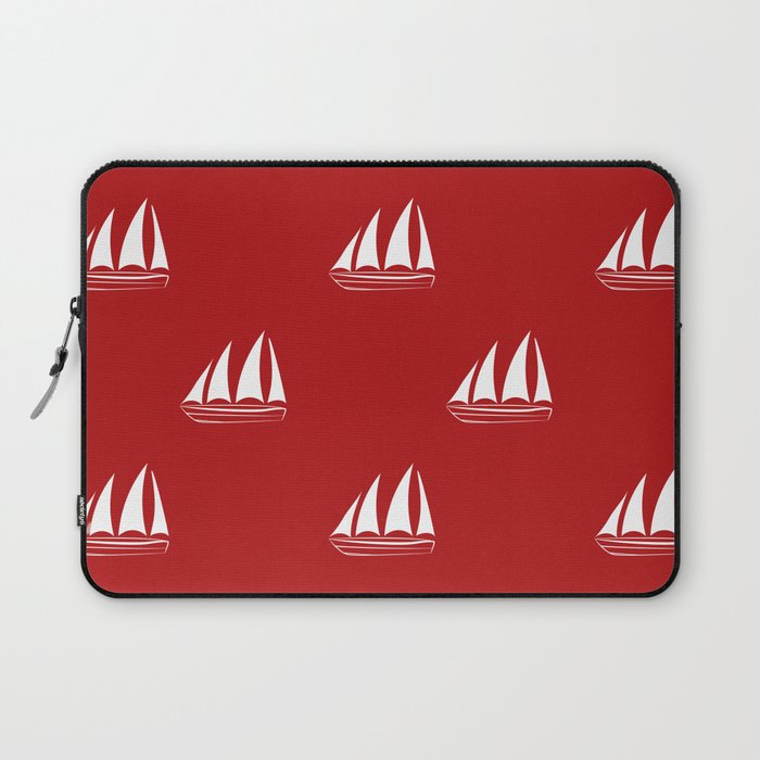 White Sailboat Pattern on red background Laptop Sleeve