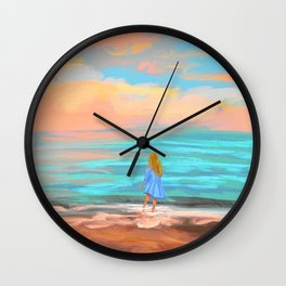 Wade in the Water at Sunset Wall Clock | Pink, Sand, Wadeinthewater, Digital, Beachday, Waves, Water, Wade, Surf, Cloud 